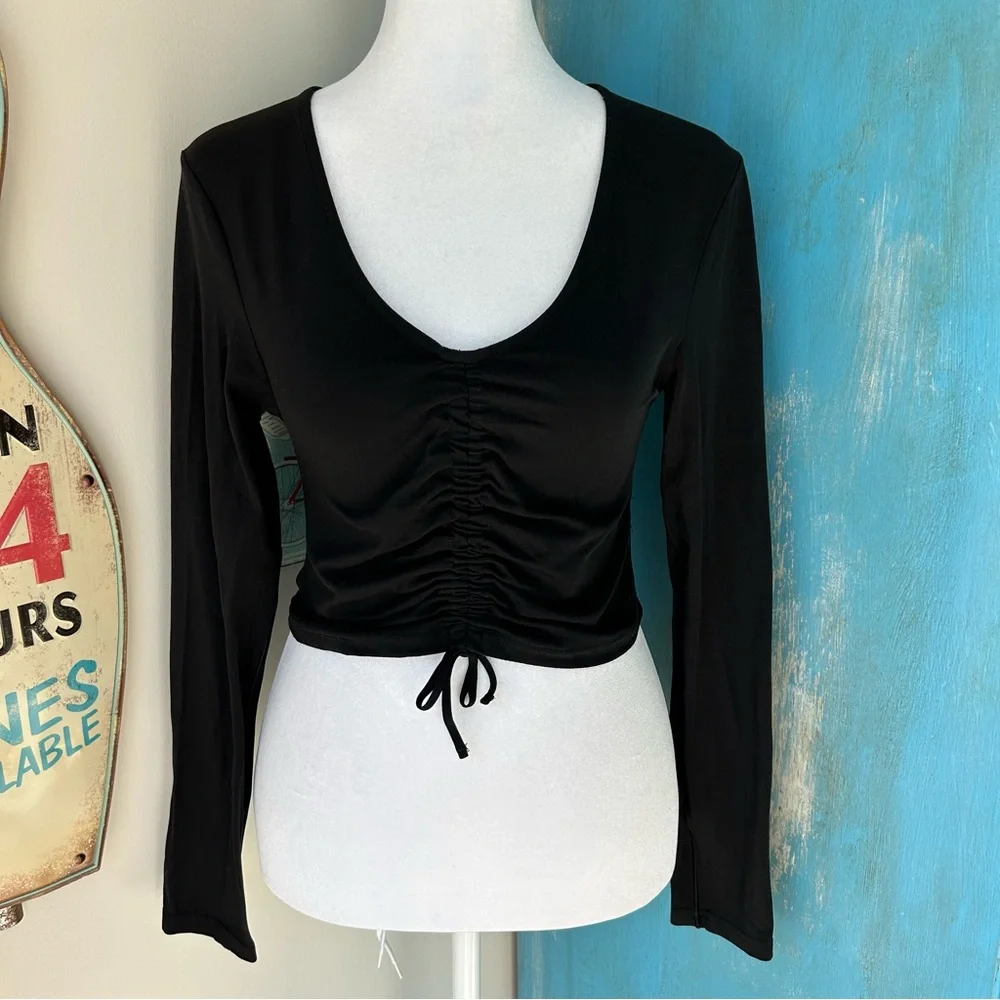 OFFLINE By Aerie Real Me Ruched Front Black Long Sleeve Top